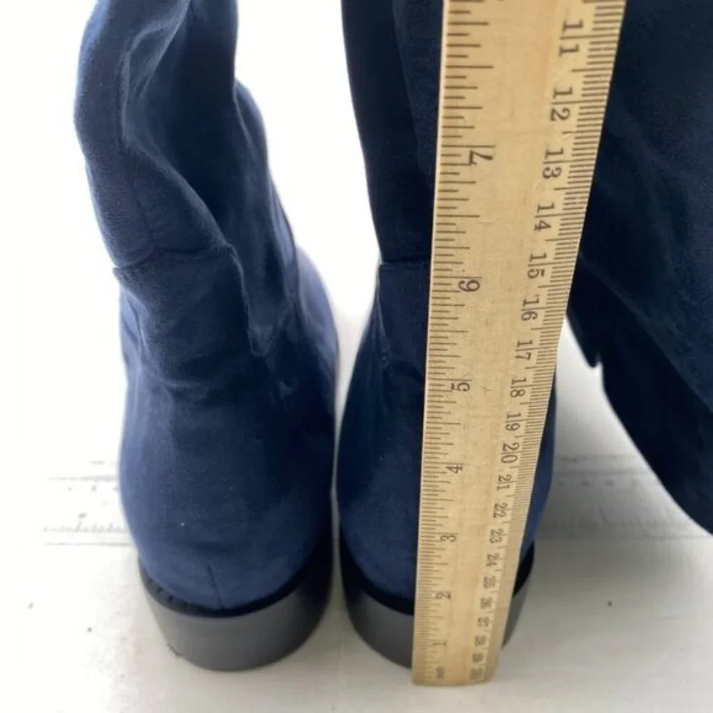 Blue Womens Almond Toe Knee High Boots with Partial Zippers Stretchy Long Boot